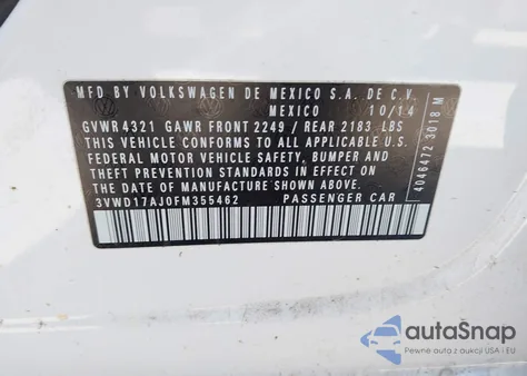 2015 Volkswagen Jetta 1.8T Se from USA, damaged, VIN 3VWD17AJ0FM355462